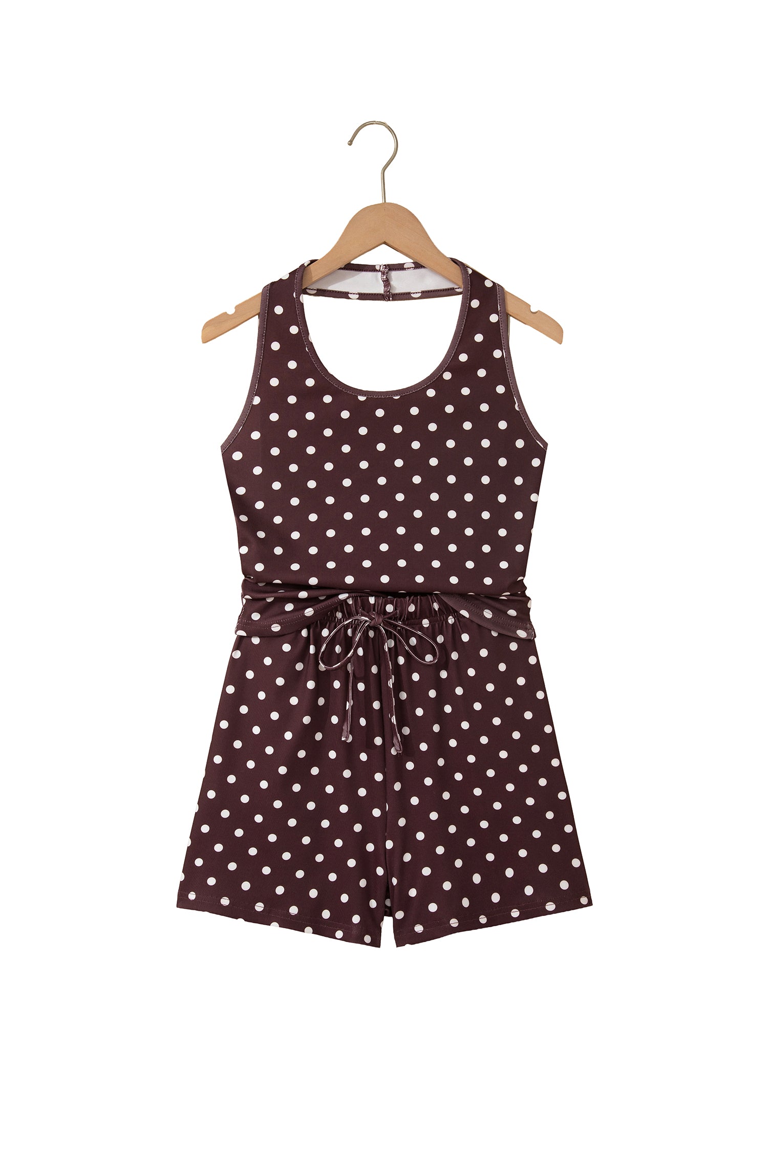 Polka Dot Halter Co-ord Short Set Drawstring Elastic Waist | Brown & Pink
