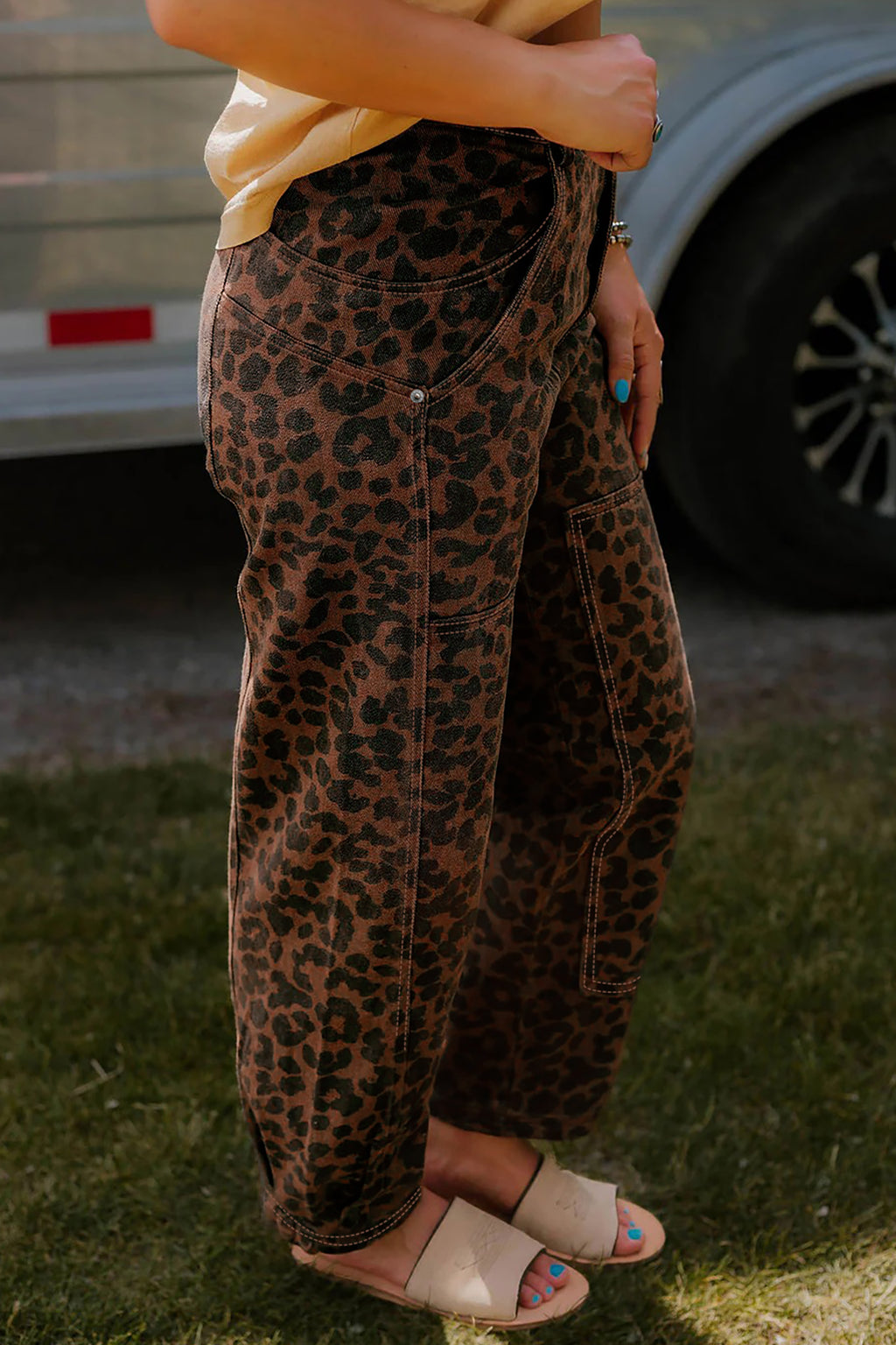 Shop Brown Leopard Print Seam Detail Patchwork Barrel Jeans UK 8-20 at LivelyLooks