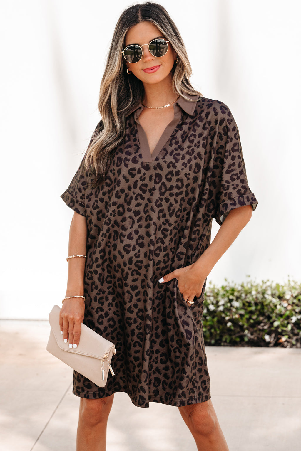 Brown Leopard Print Contrast Collar V Neck Mini Dress S-XL