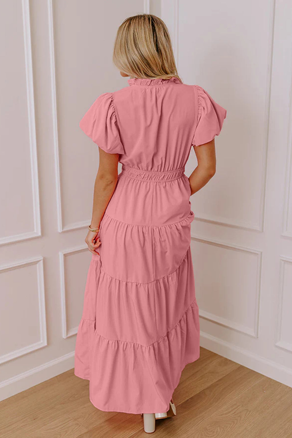 Women's Solid Colour V Neck Puff Sleeve High Waist Tiered Maxi Dress | S-XL at LivelyLooks