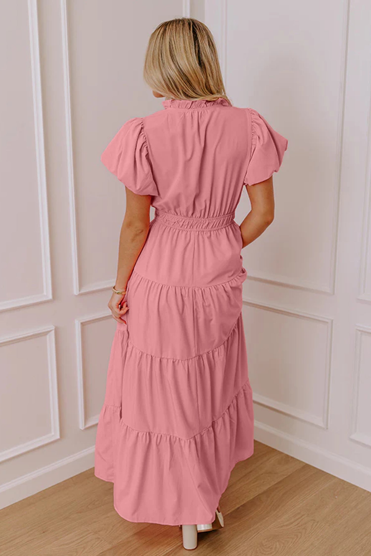Women's Solid Colour V Neck Puff Sleeve High Waist Tiered Maxi Dress | S-XL at LivelyLooks