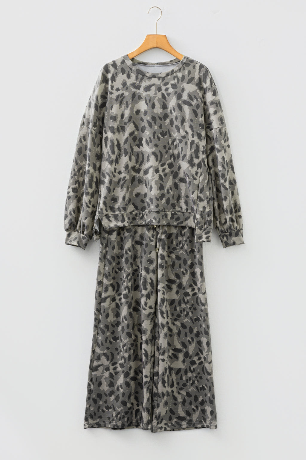 Leopard Print Raw Seam Pullover & Wide Leg Pant Set | Brown & Grey