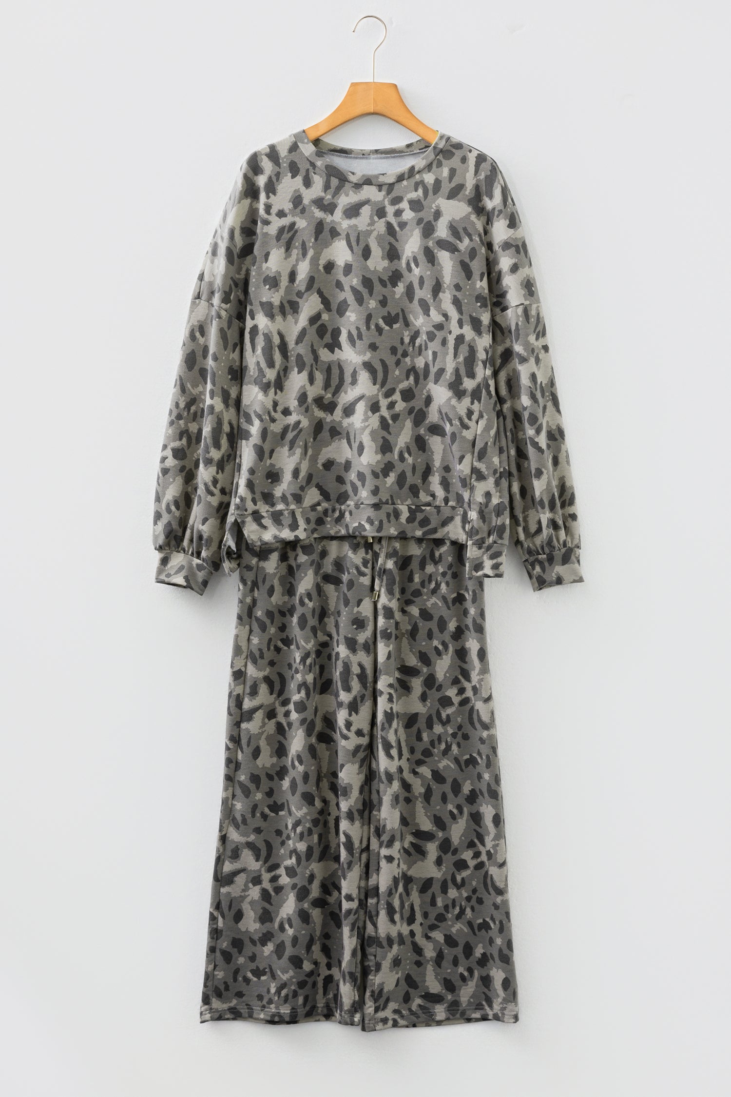 Leopard Print Raw Seam Pullover & Wide Leg Pant Set | Brown & Grey