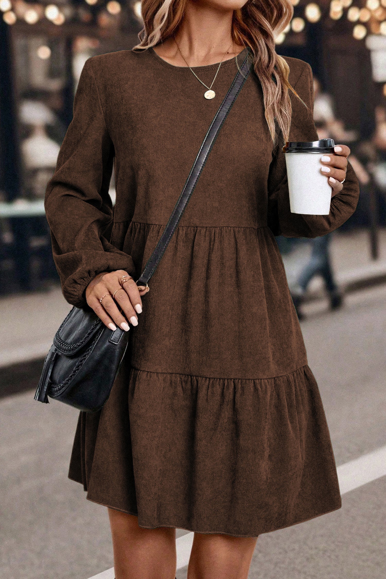 Lantern Sleeve Tiered Mini Dress | Black, Dark Brown & Mist Green | UK 8–22