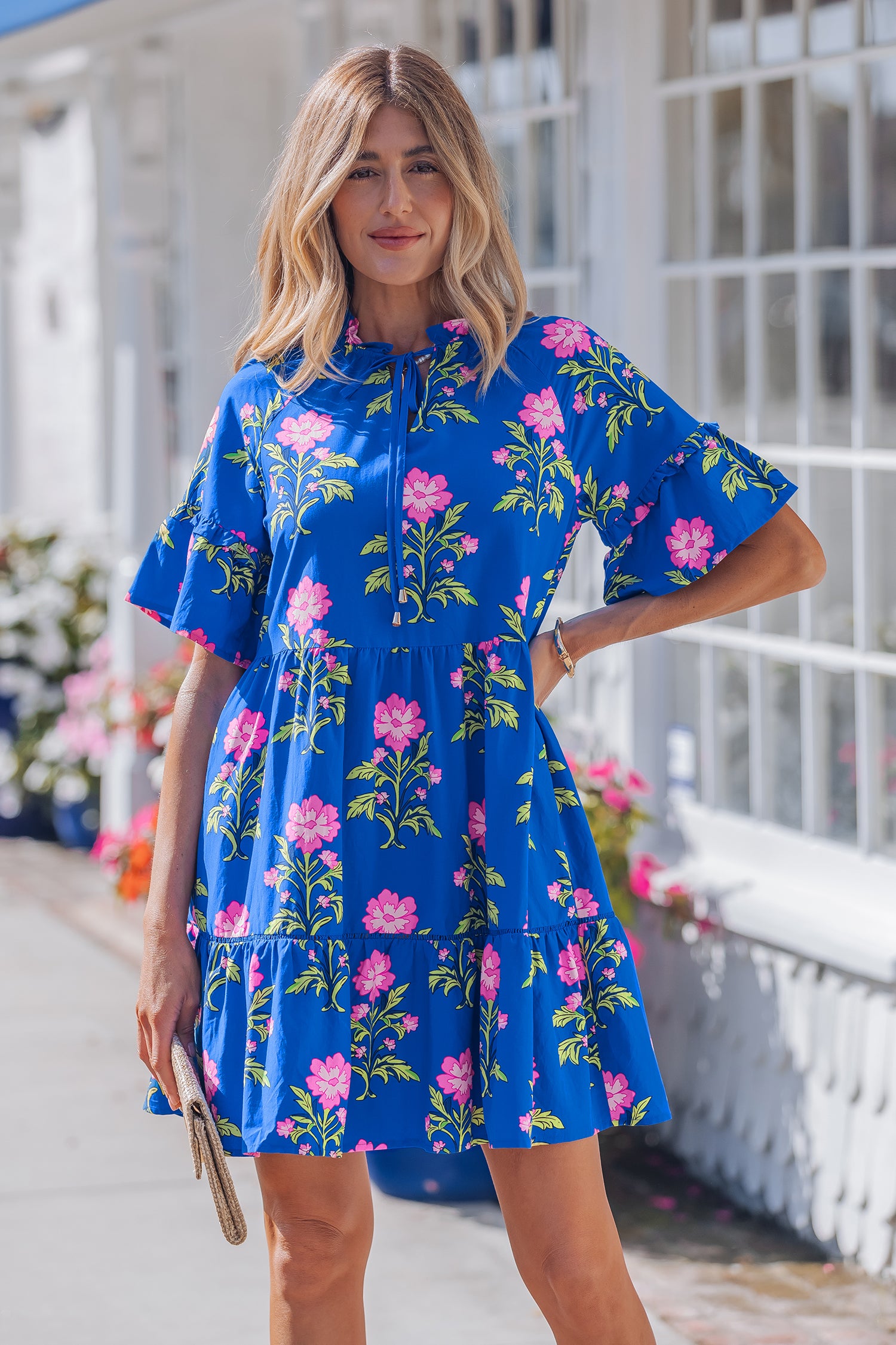 Blue V Neck Short Sleeve Loose Floral Maxi Dress S-XL