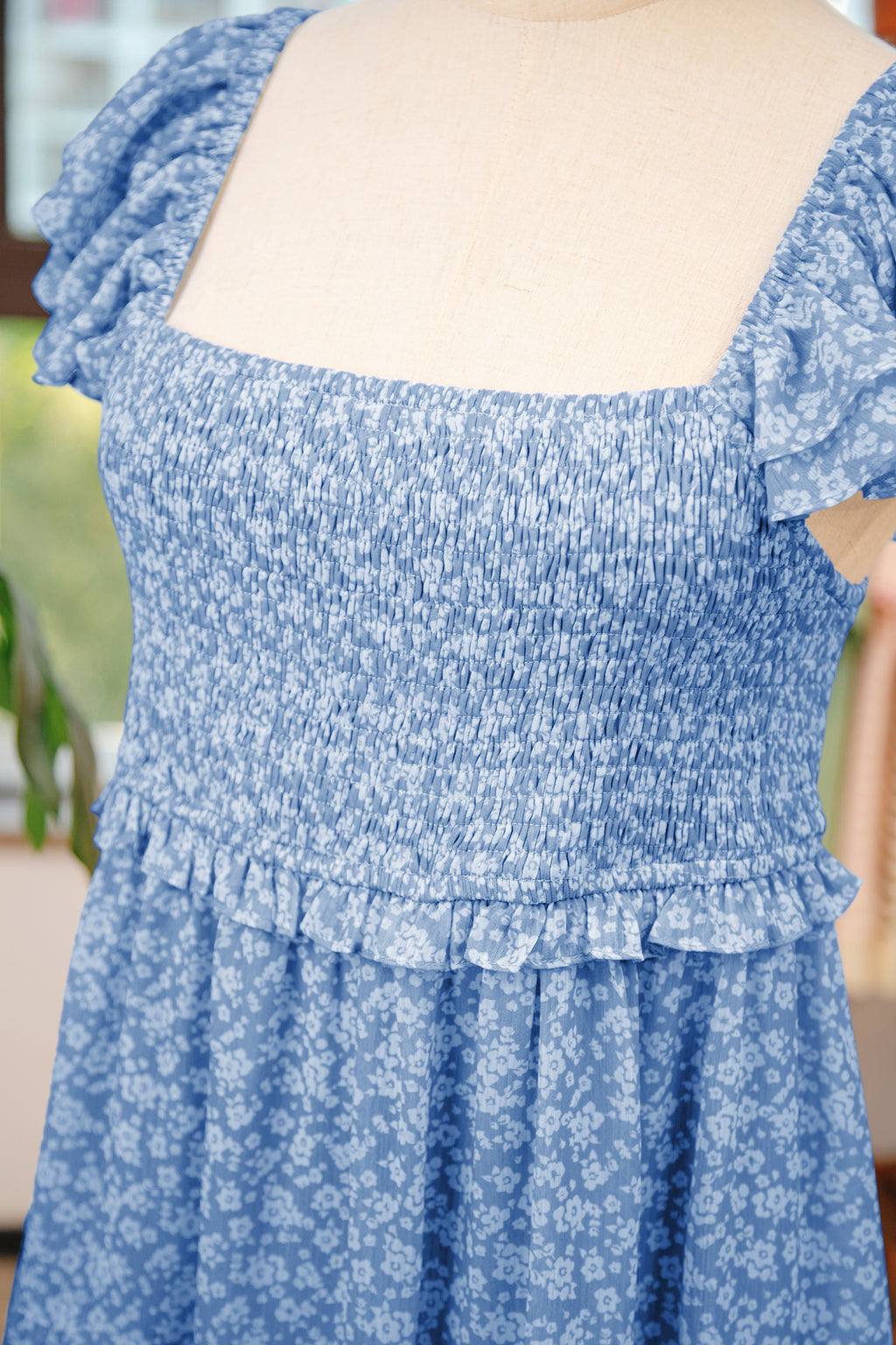Sky Blue Floral Smocked Tiered Mini Dress Square Neck Flutter Sleeve