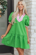 Bright Green Colour Block Mini Dress Split Neck Puff Sleeve Ruffle Hem Women S-XL