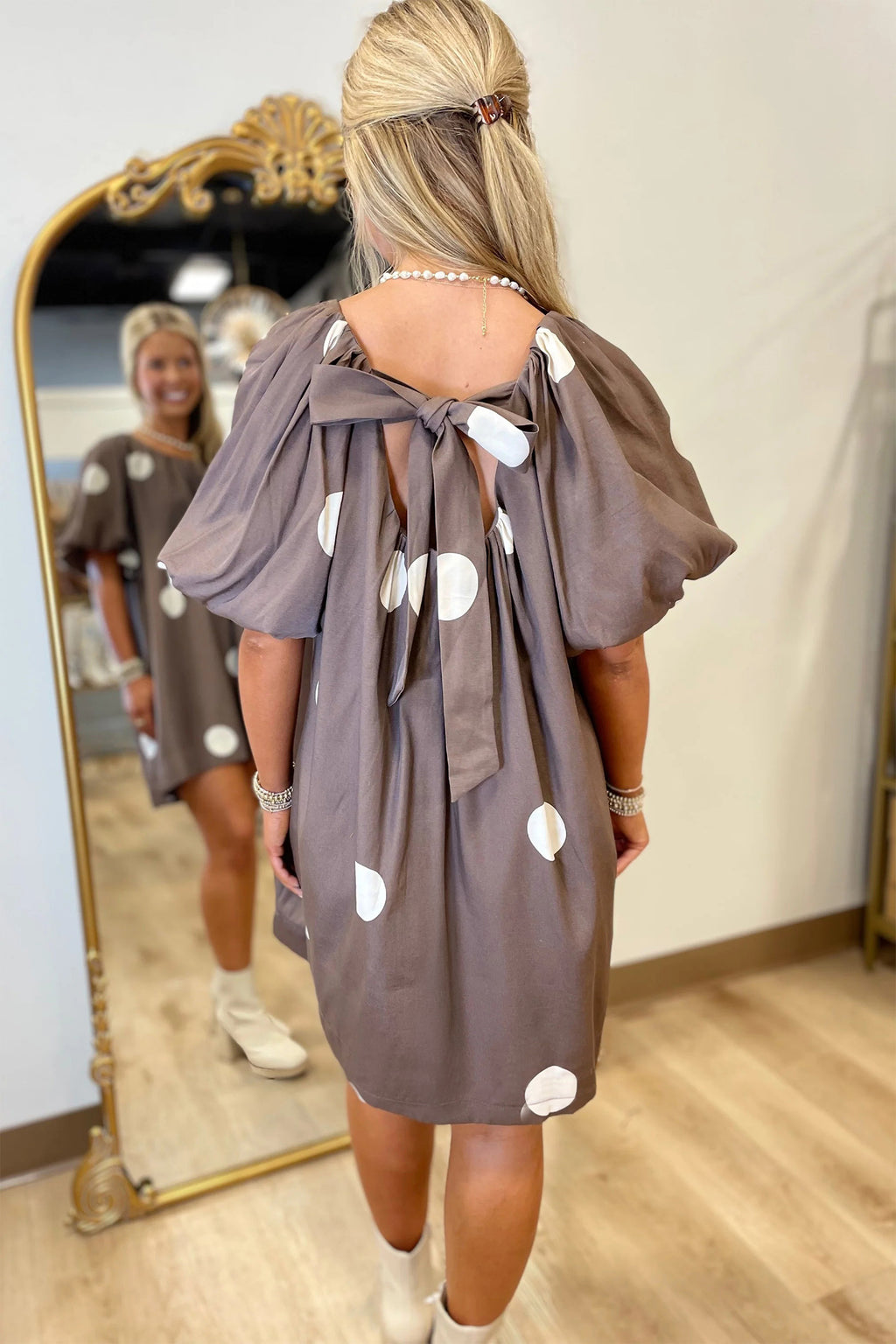 Shop Brown Polka Dot Puff Sleeve Mini Dress Knot Back Loose Fit UK 8-22 at LivelyLooks