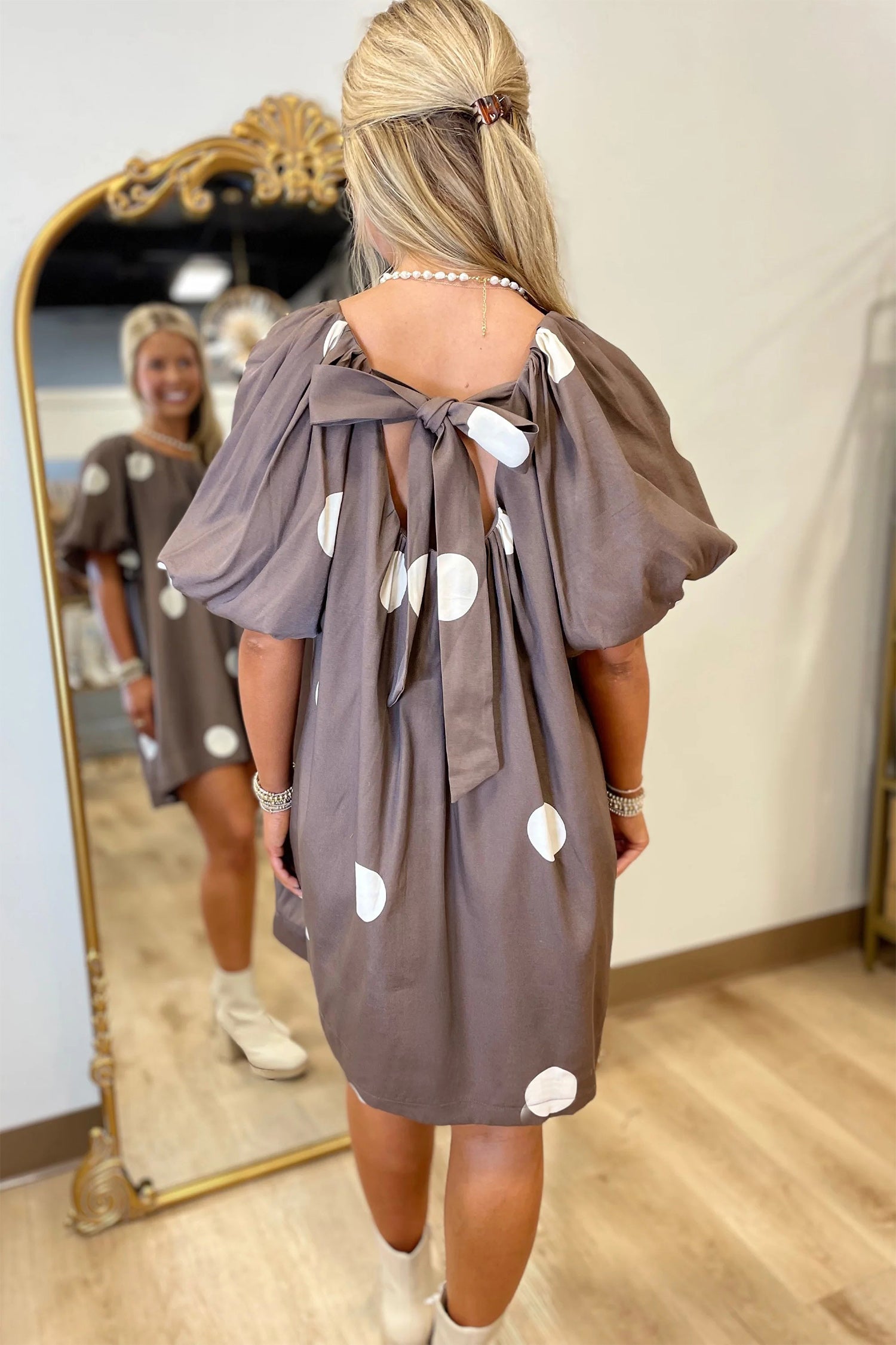 Shop Brown Polka Dot Puff Sleeve Mini Dress Knot Back Loose Fit UK 8-22 at LivelyLooks