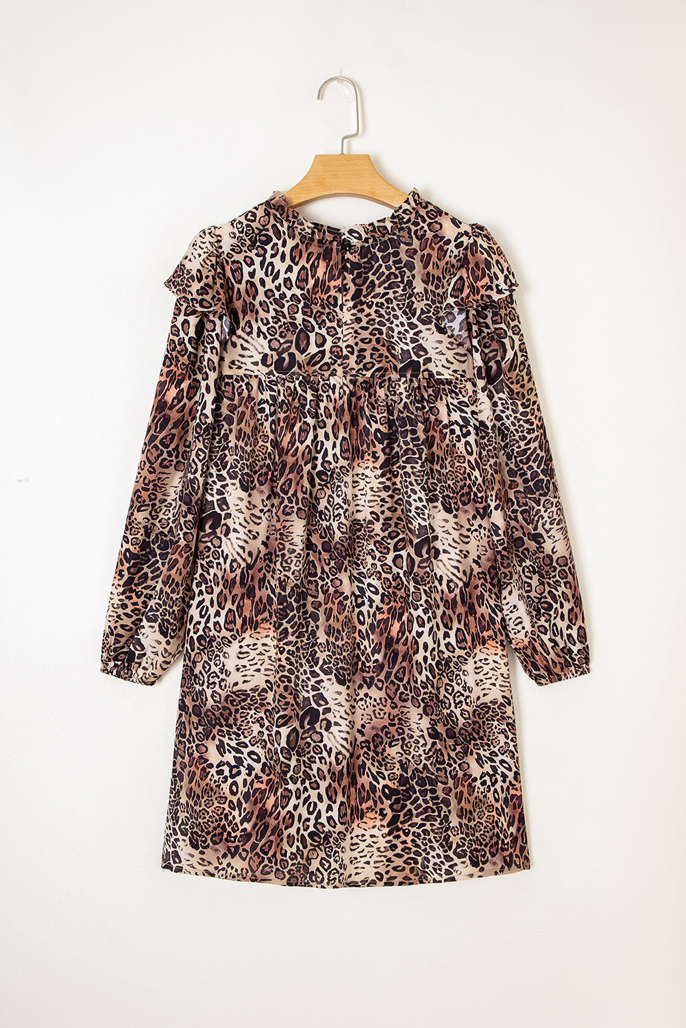 Women's Brown Leopard Ruffled Detail Long Sleeve Loose Mini Dress at LivelyLooks