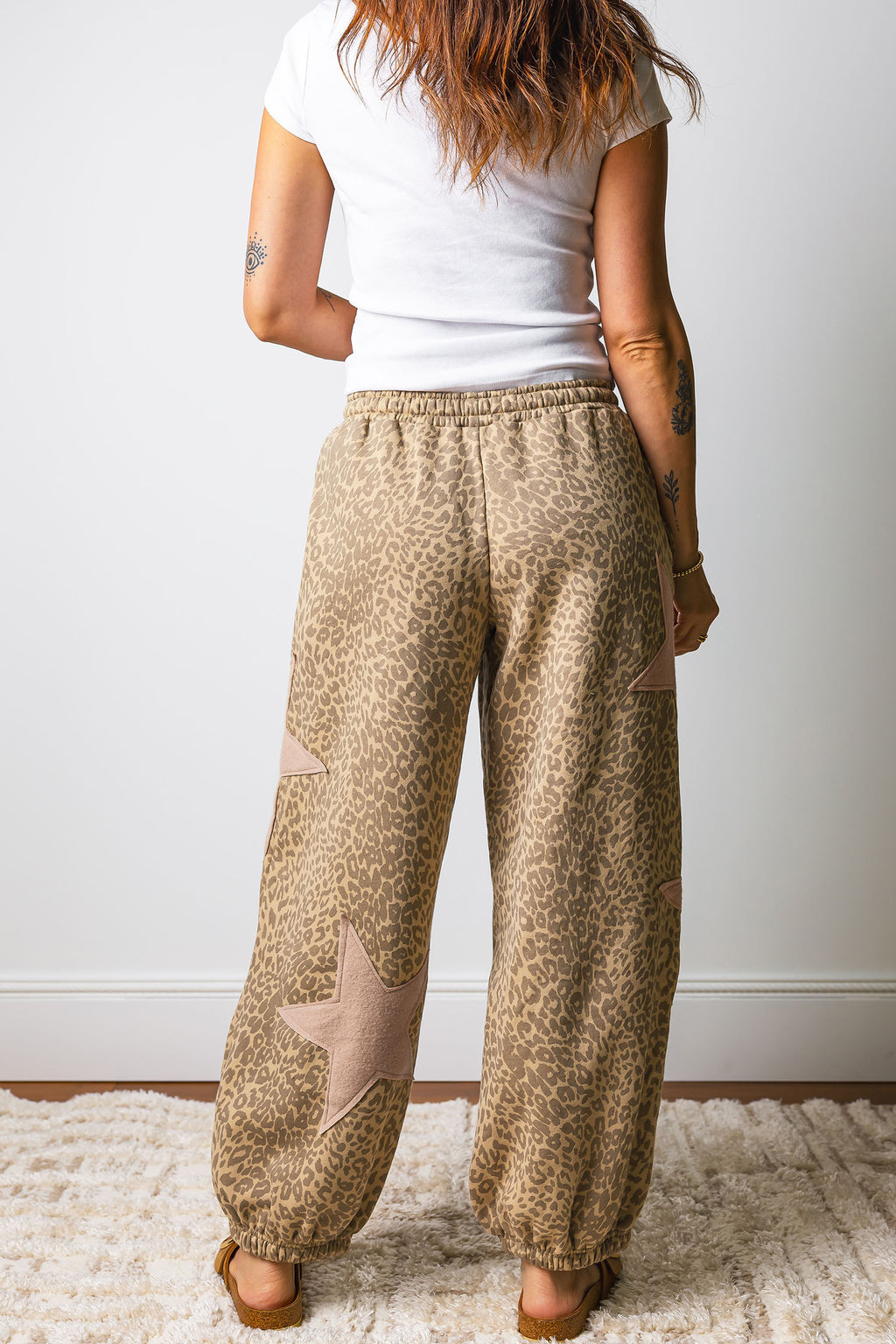 Khaki Leopard Print Jogger Pants Star Patch Drawstring Elastic Waist Women S-XL