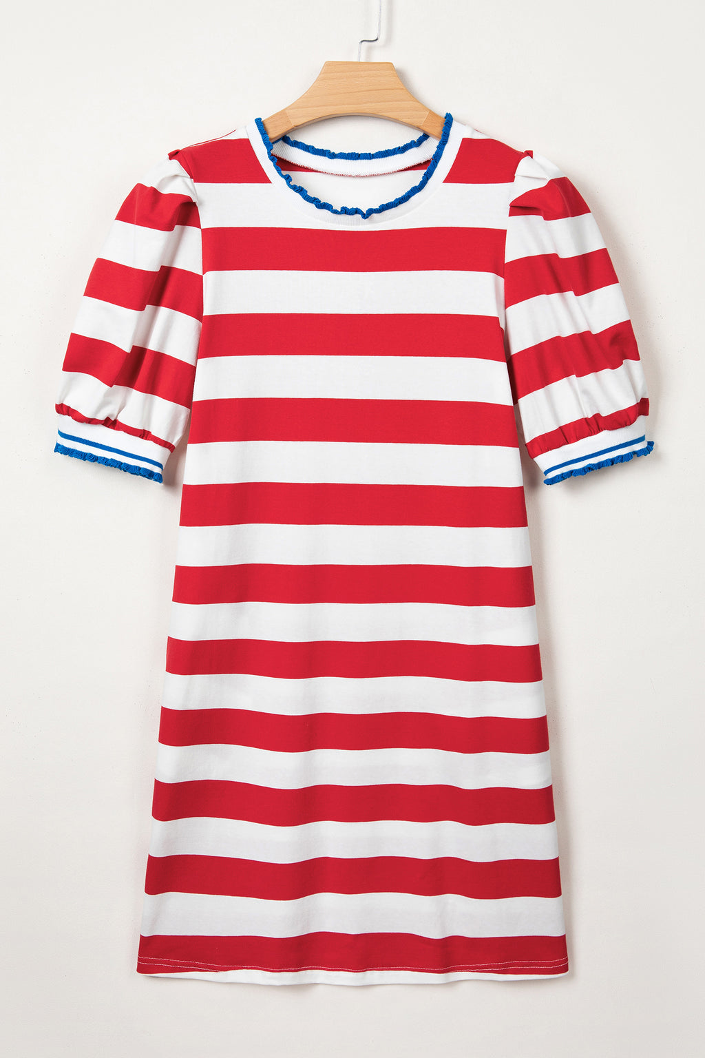 Red Stripe Contrast Trim Round Neck Puff Sleeve Shift Mini Dress S-XL