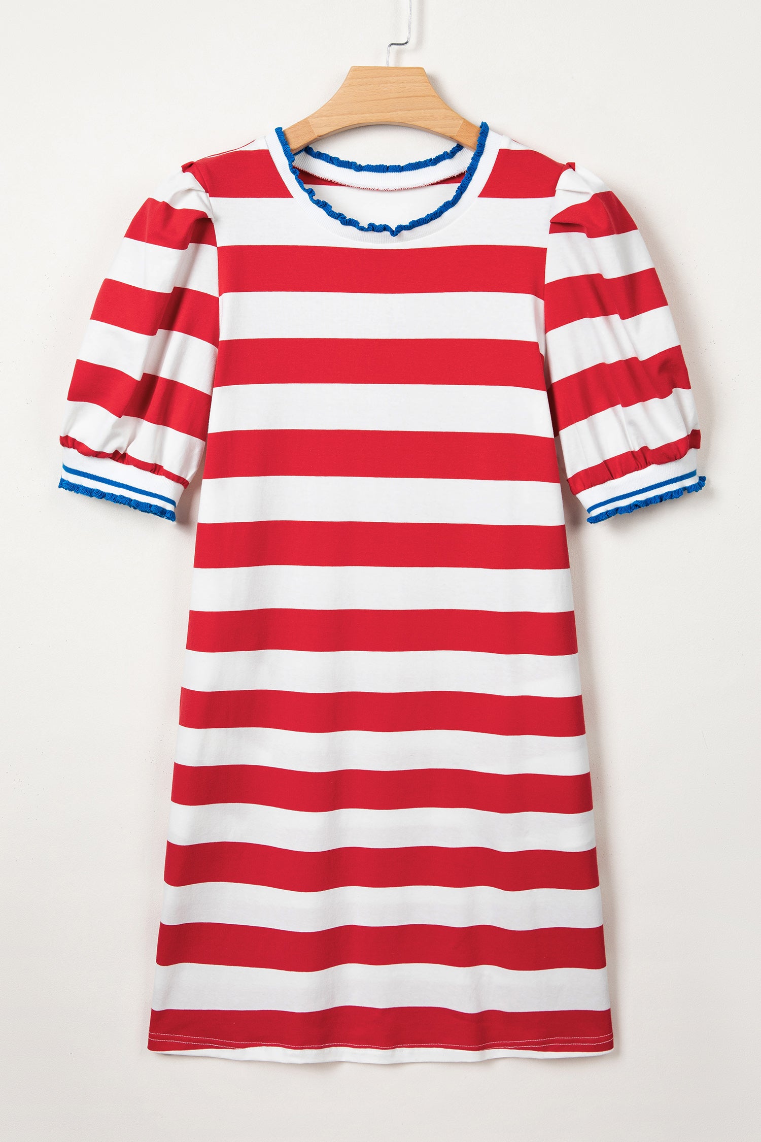 Red Stripe Contrast Trim Round Neck Puff Sleeve Shift Mini Dress S-XL