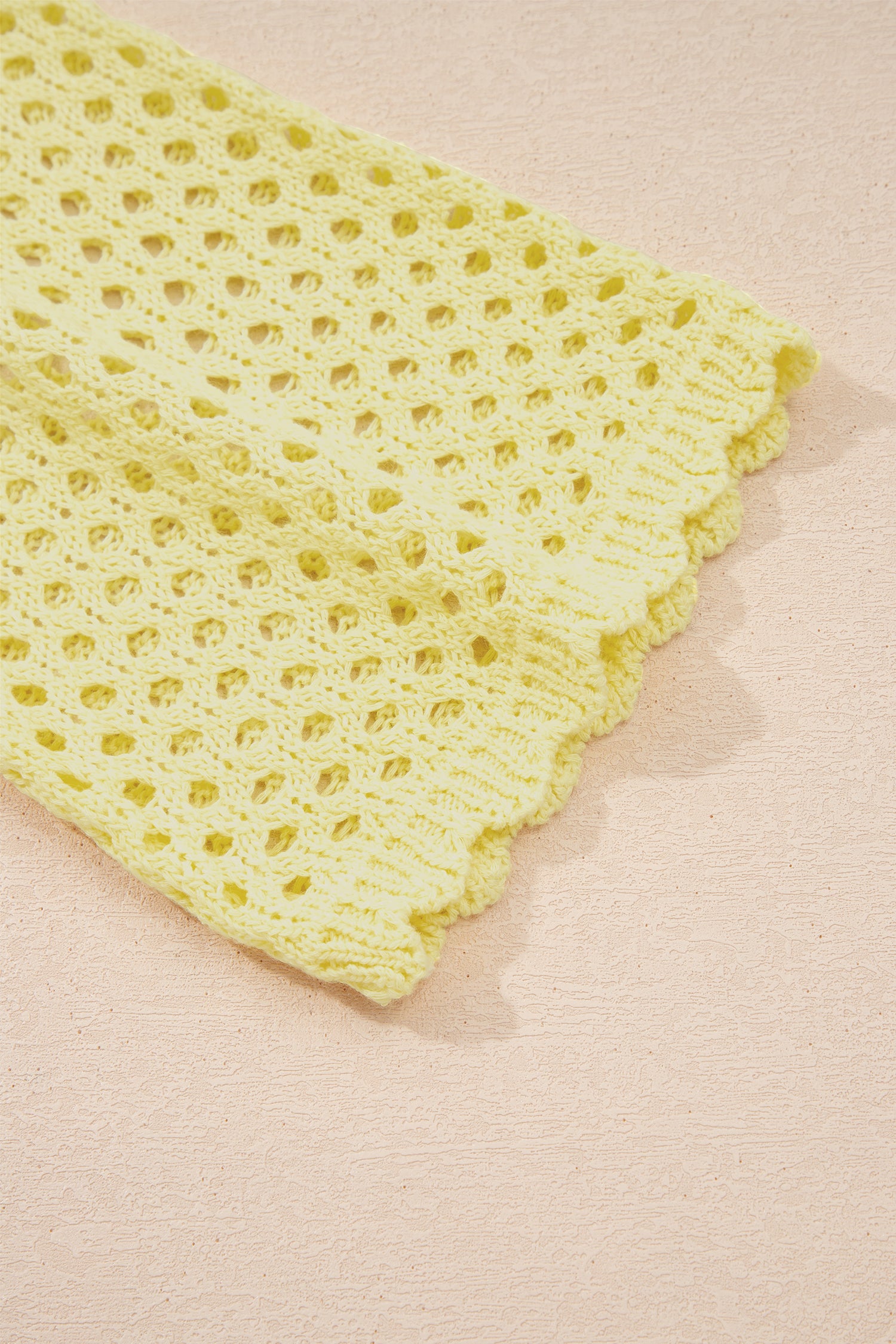 LivelyLooks Yellow Cream Scalloped Trim Hollow Out Knit Long Sleeve Top women's fashion