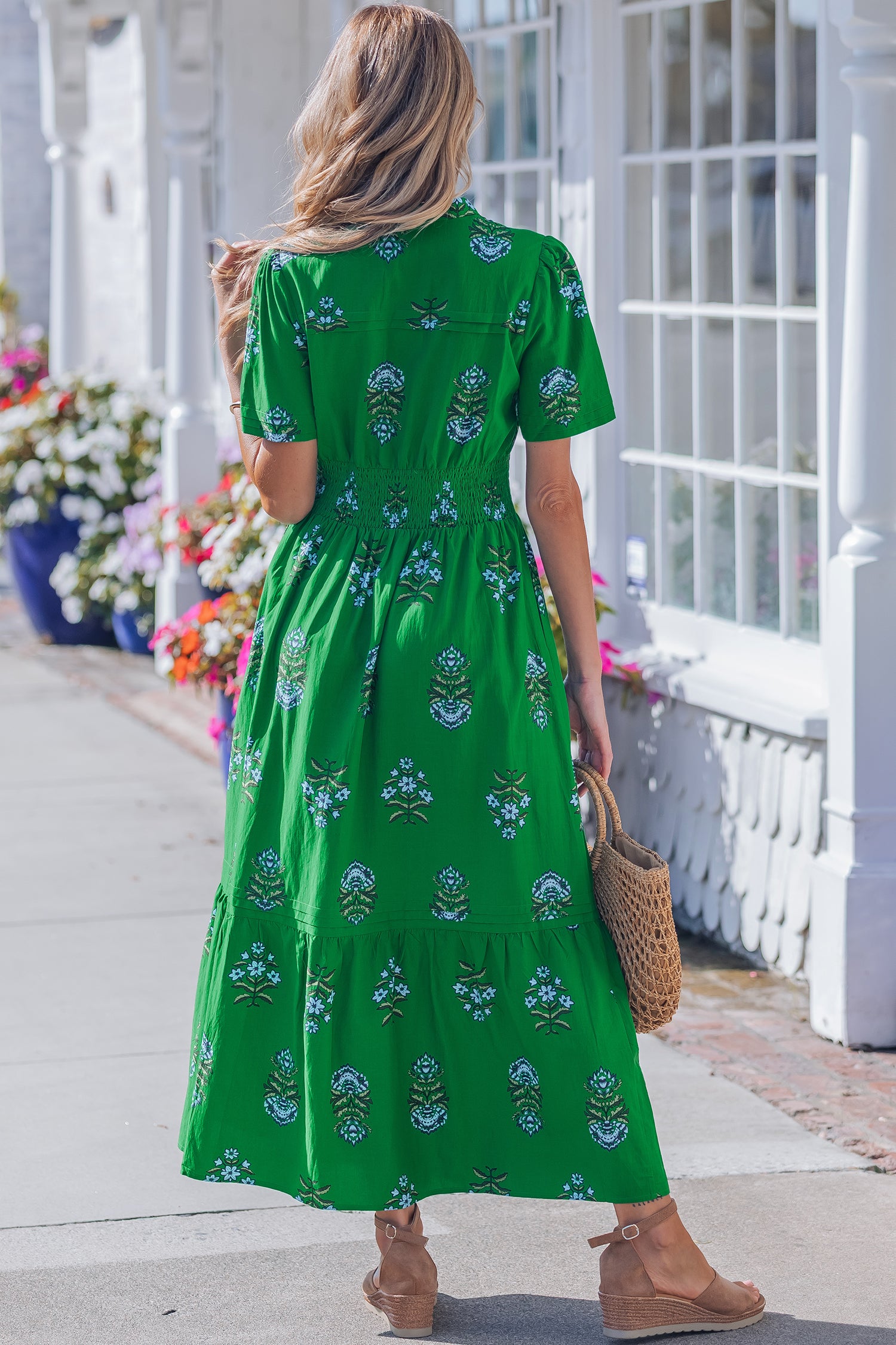 Floral Print Split Neck Shirred High Waist Ruffle Hem Maxi Dress | White & Green | UK 8–22
