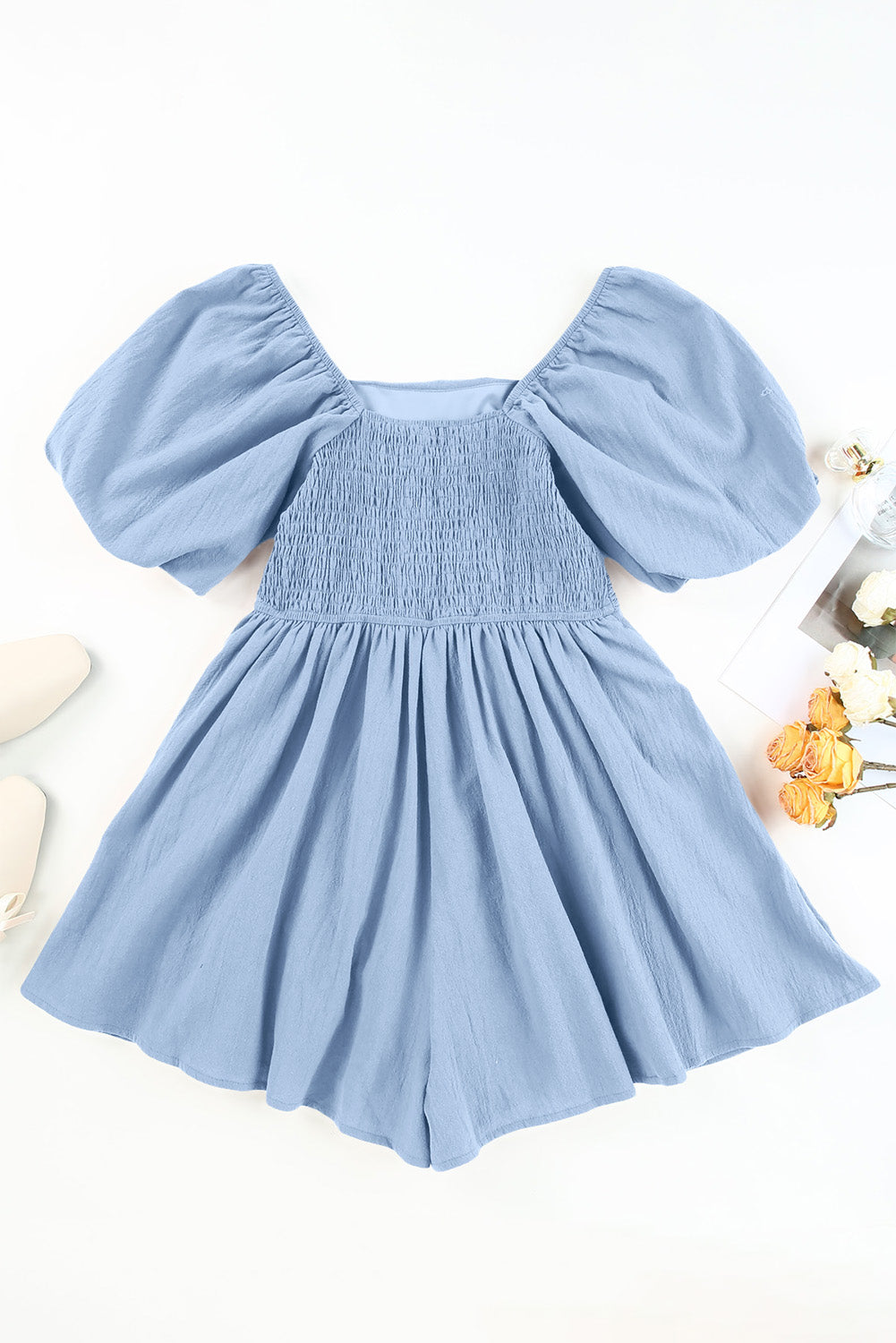 Sky Blue & Brown Square Neck Ruched Puff Sleeve Romper