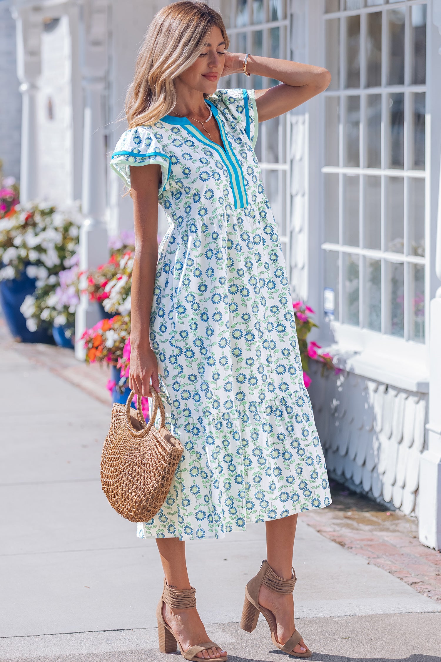 Sunflower Print Flutter Sleeve Maxi Dress Striped Trim Sky Blue Red UK 8-22