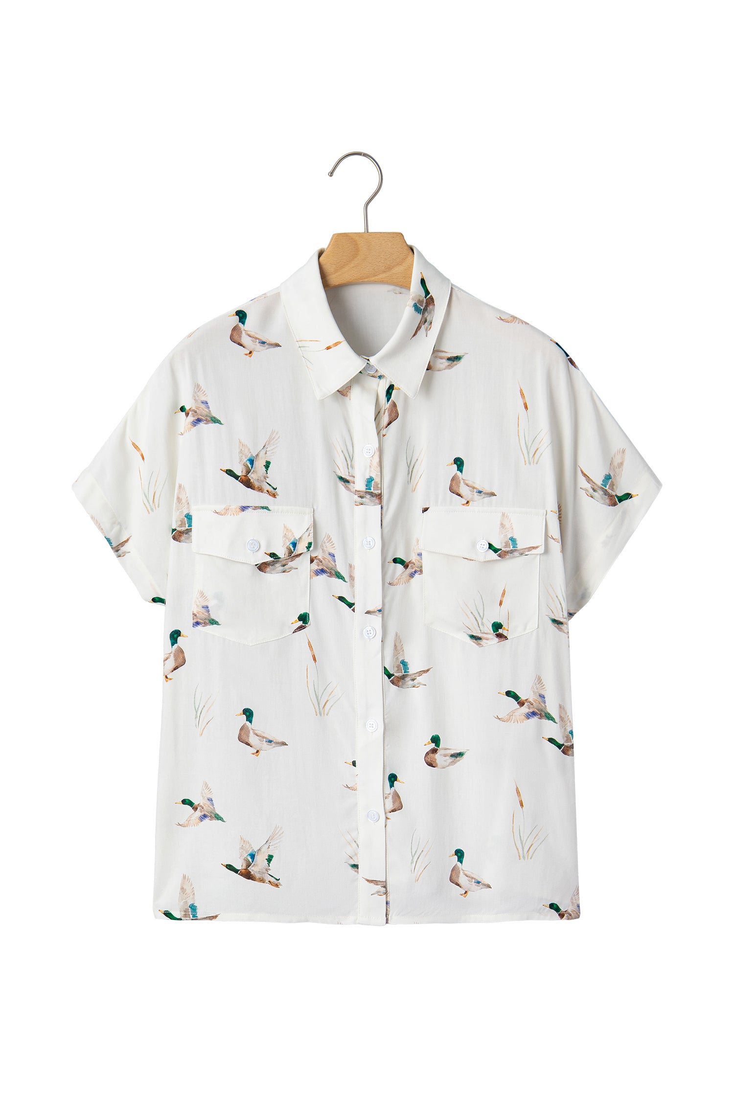 White Mallard Print Button Flap Pocket Short Sleeve Shirt | UK 8–22