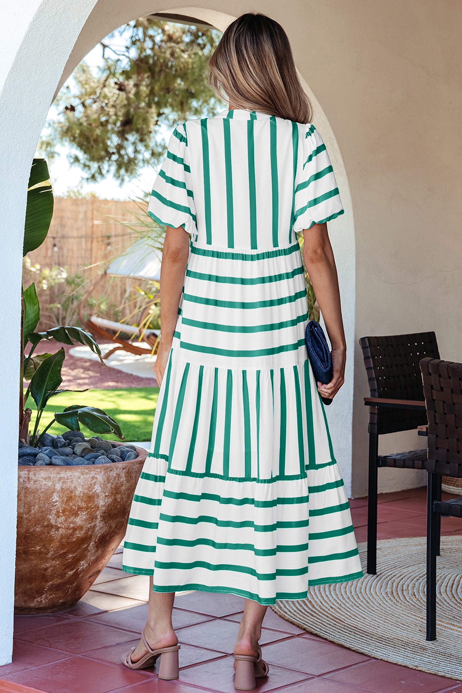 Women's Stripe Ricrac Notch V-Neck Puff Sleeve Midi Dress Green Sky Blue S-XL at LivelyLooks