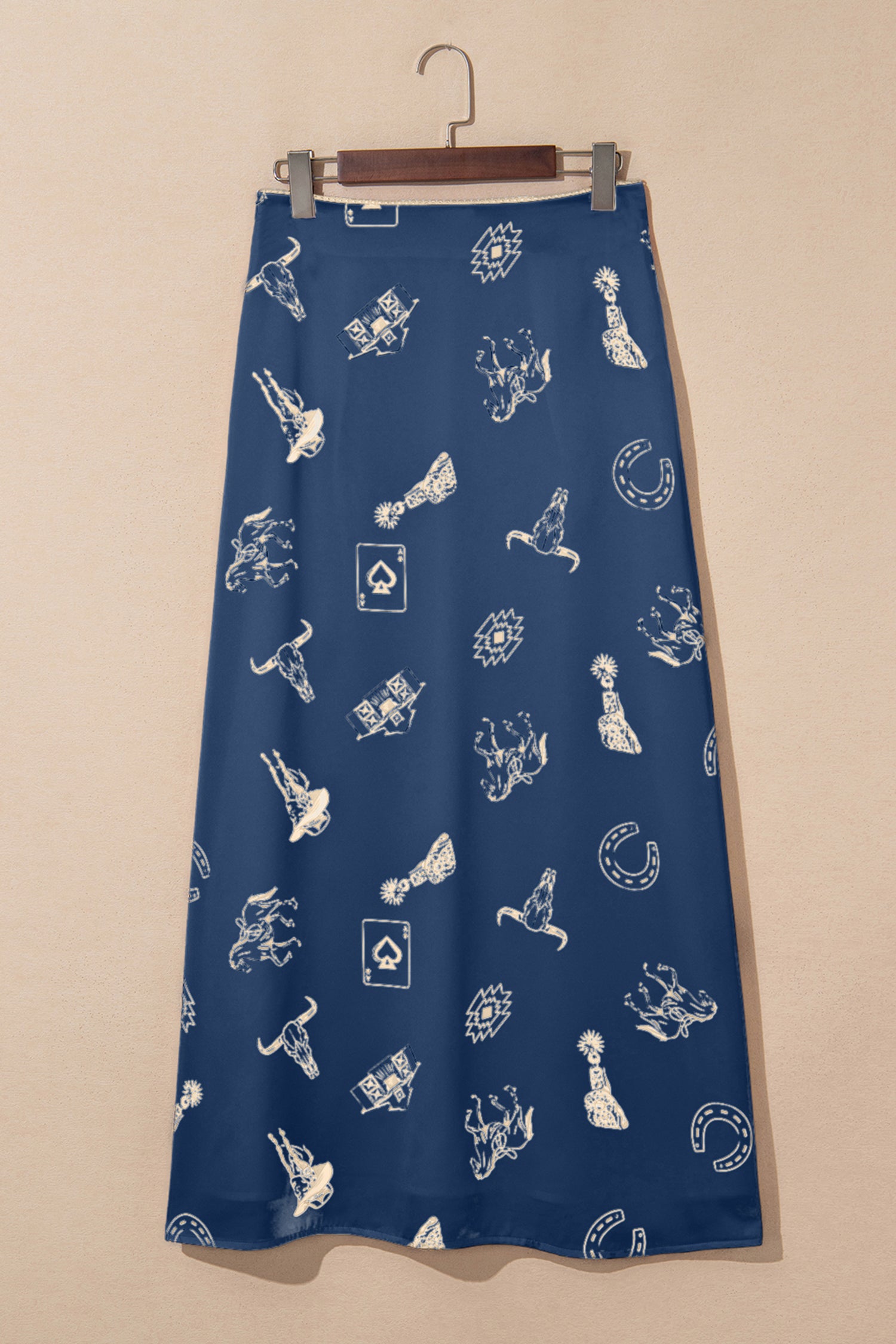 Women's Navy Blue Western Print Satin Long Skirt at LivelyLooks