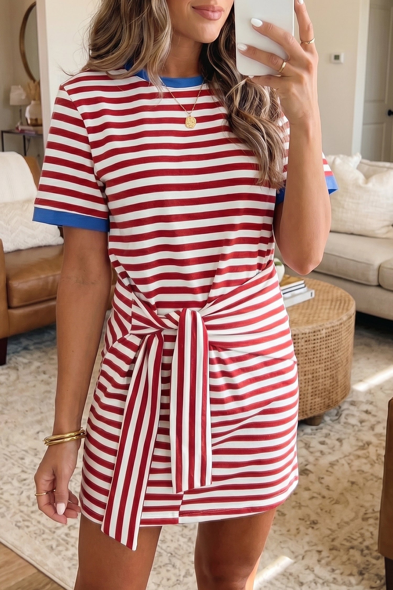 Shop Sky Blue Nautical Stripe Tie Waist Mini Dress at LivelyLooks