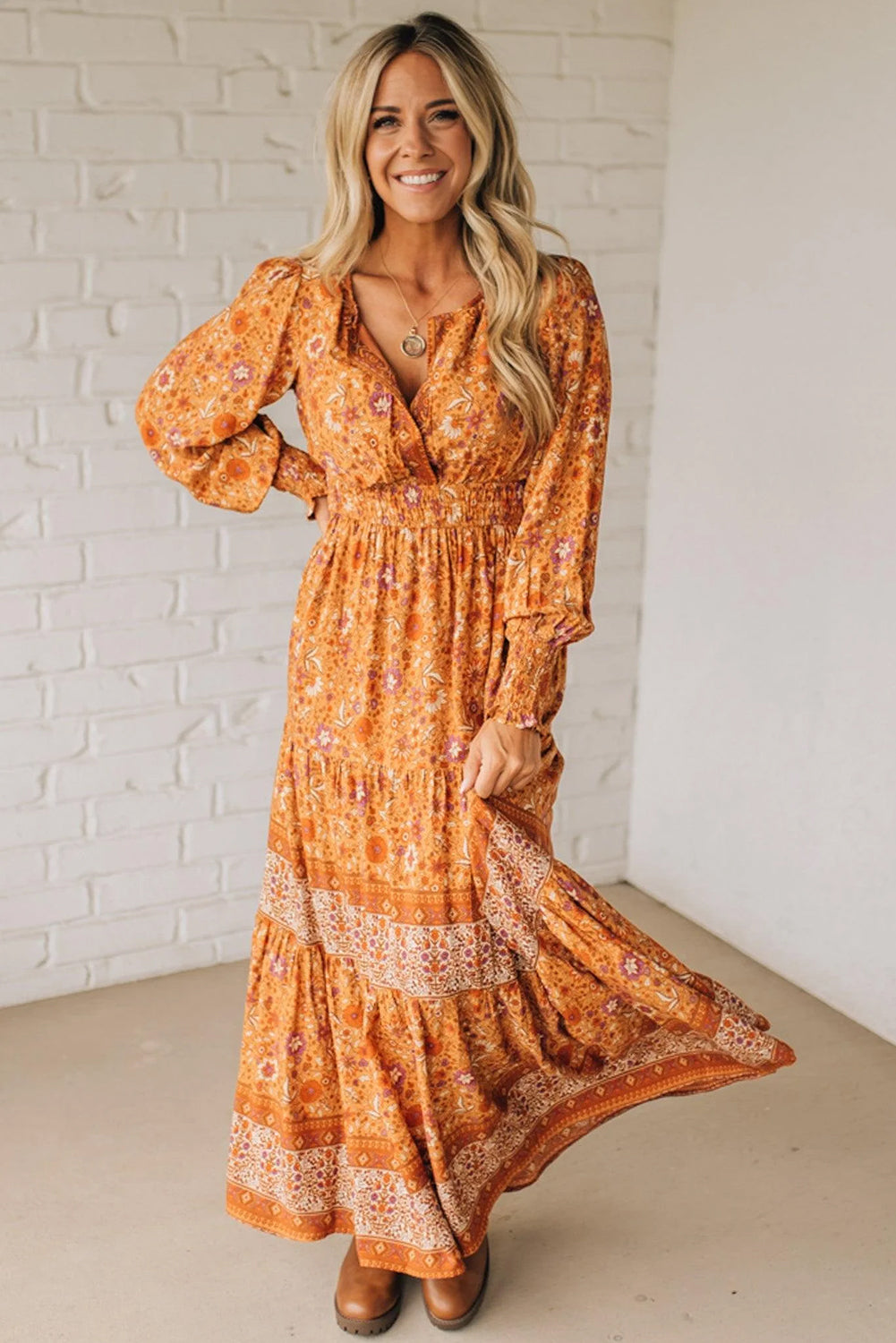 Shop Orange Floral Boho Maxi Dress Smocked Waist Puff Sleeve Tiered S-XL at LivelyLooks