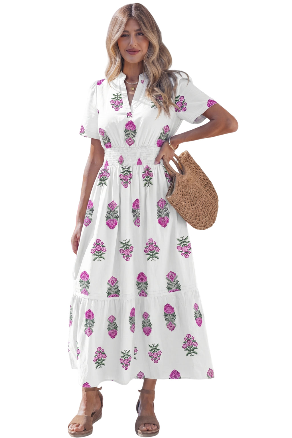 Floral Print Split Neck Shirred High Waist Ruffle Hem Maxi Dress | White & Green | UK 8–22