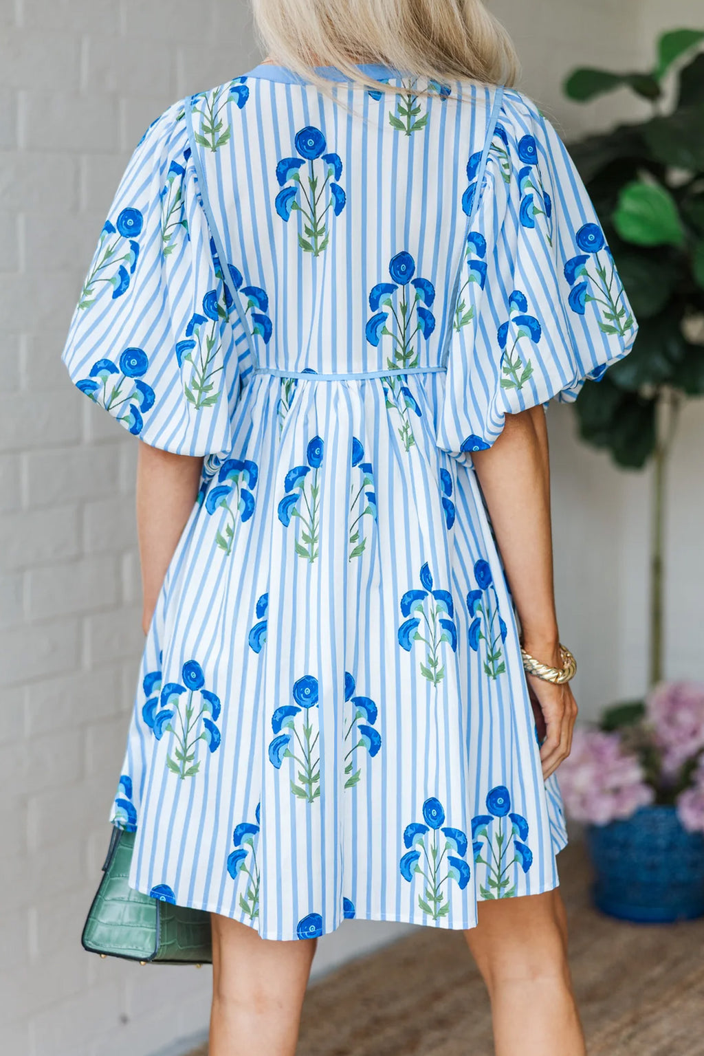 Pink & Sky Blue Floral Stripe Tie Notched Neck Puff Sleeve Mini Dress S-XL