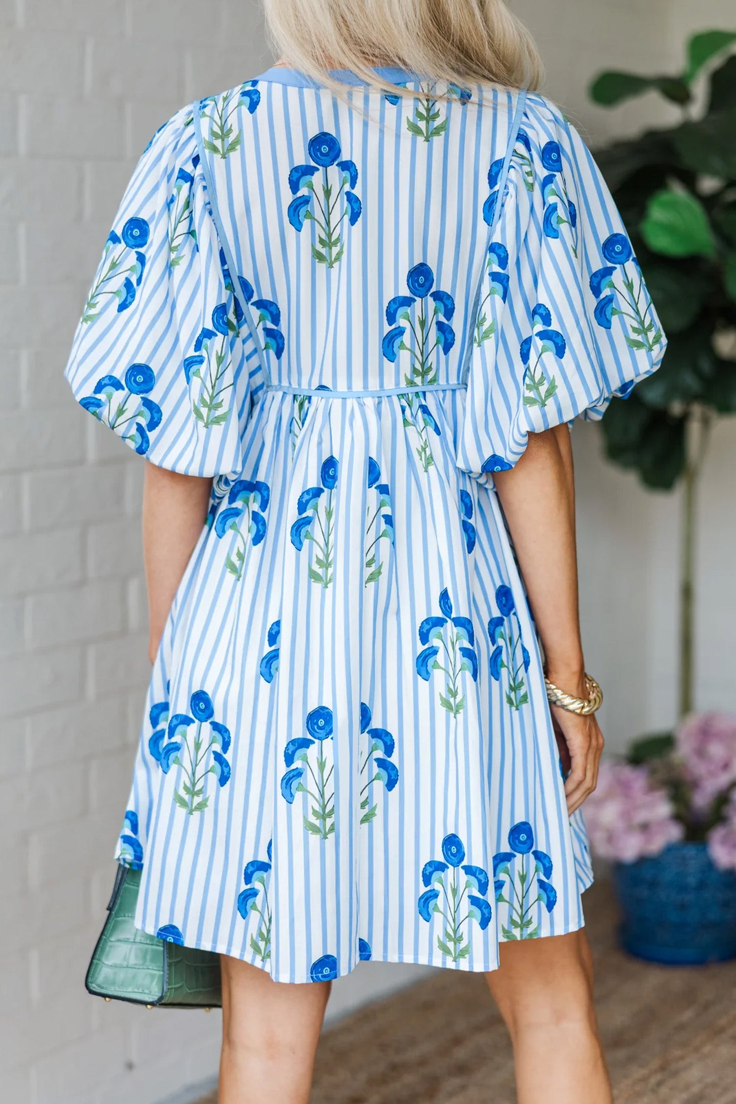 Pink & Sky Blue Floral Stripe Tie Notched Neck Puff Sleeve Mini Dress S-XL