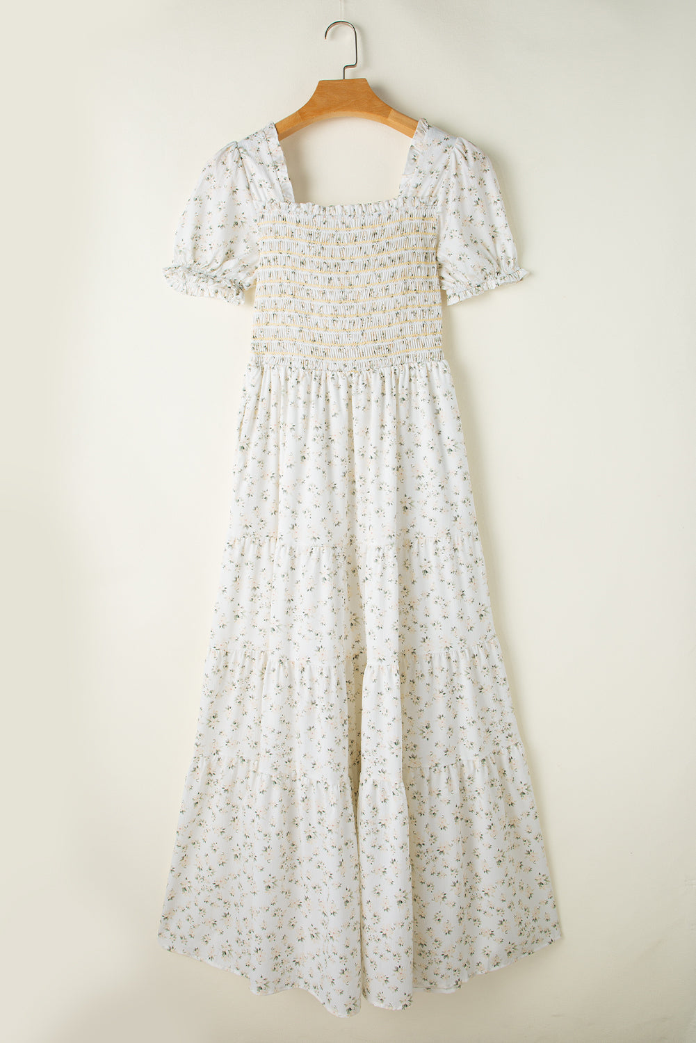 White Frilly Shirred Bodice Tiered Floral Maxi Dress S-2XL