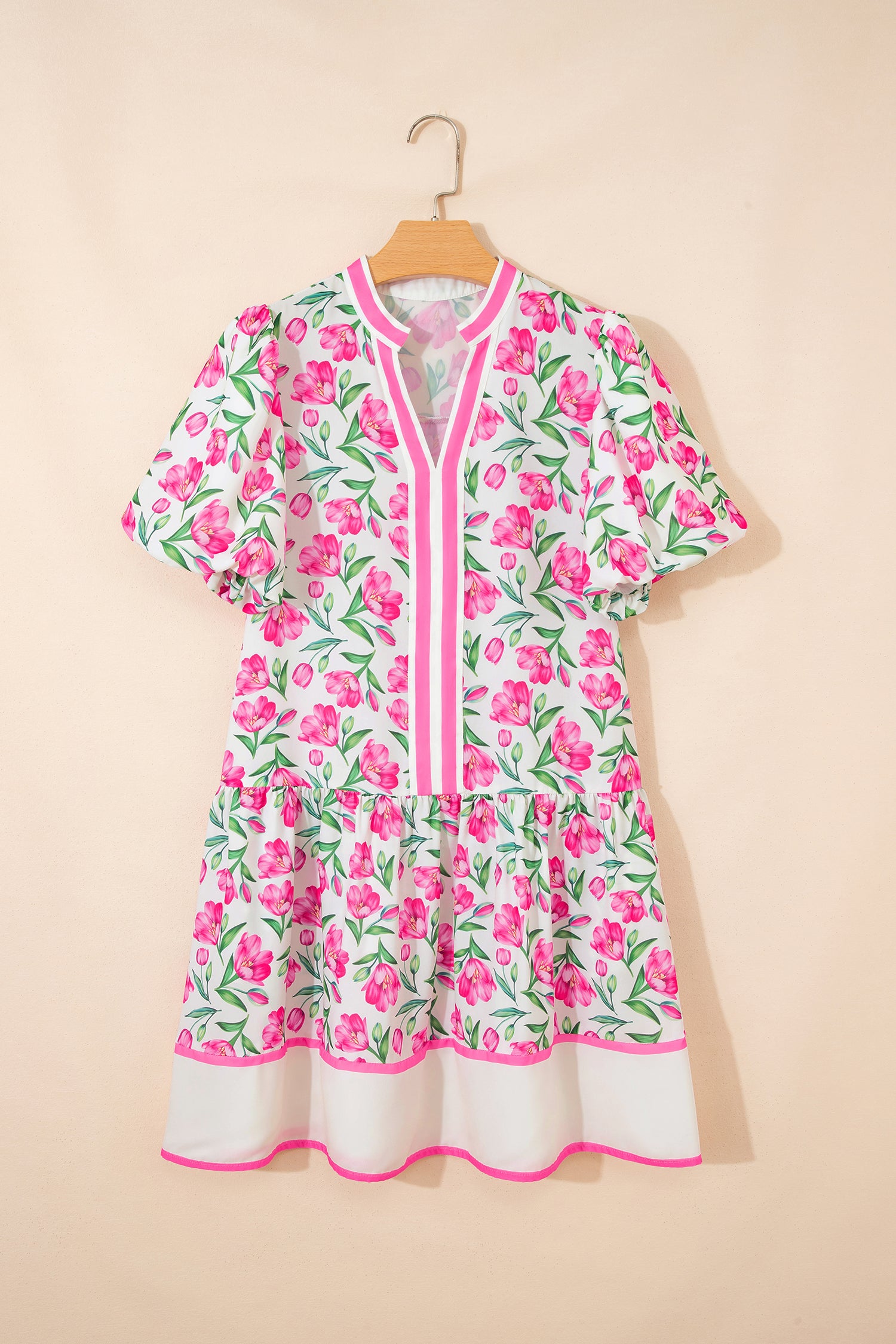 Multicolour Sweet Floral Striped Colourblock Trim V-Neck Mini Dress