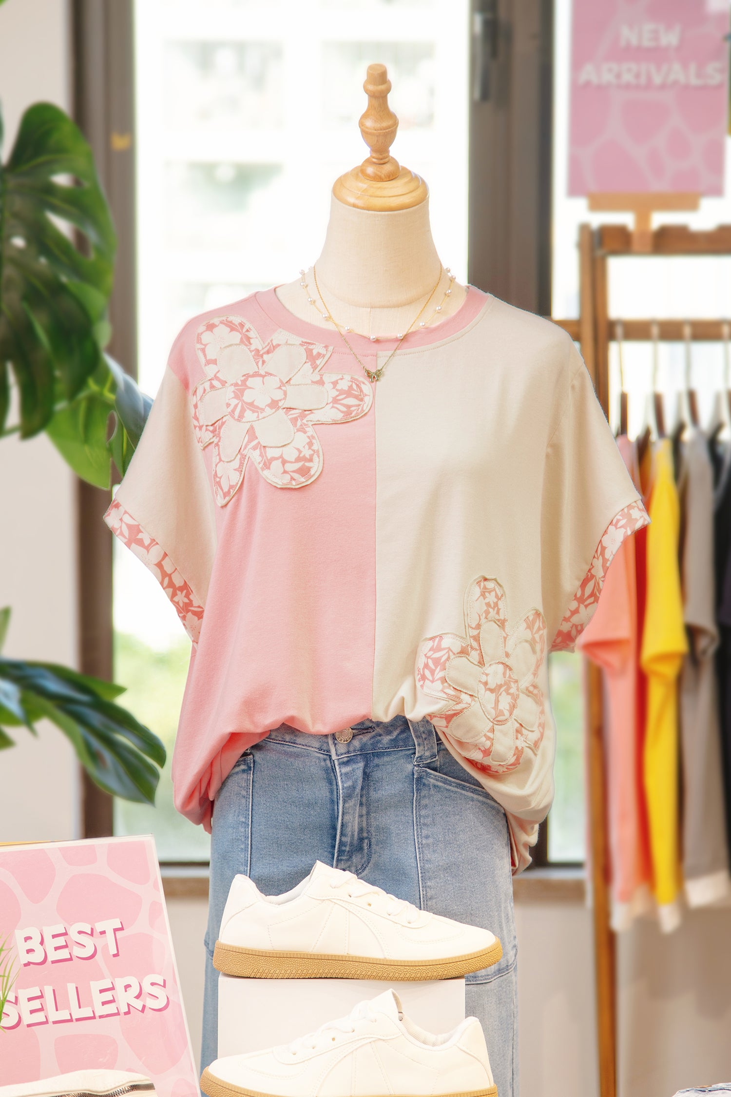 Beige Colour Block Flower Patch Loose T-Shirt | Casual Top