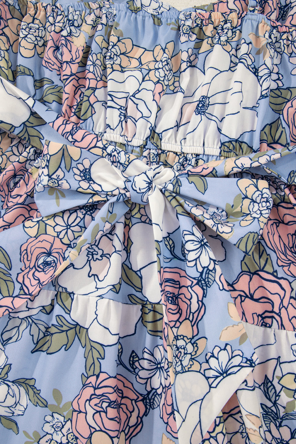 Sky Blue Floral Tiered Patchwork Spaghetti Strap Vacation Dress S-XL