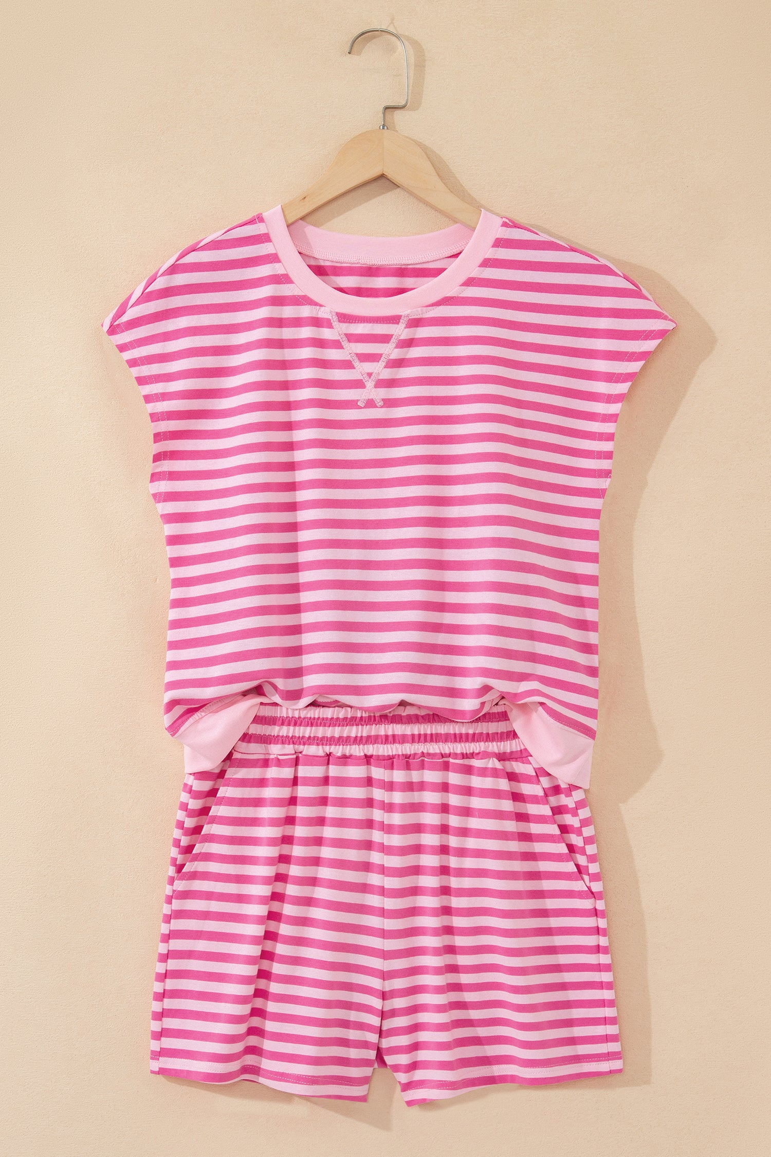 Pink Stripe Cap Sleeve Tee & Elastic Waist Shorts 2pcs Co-ord Outfit