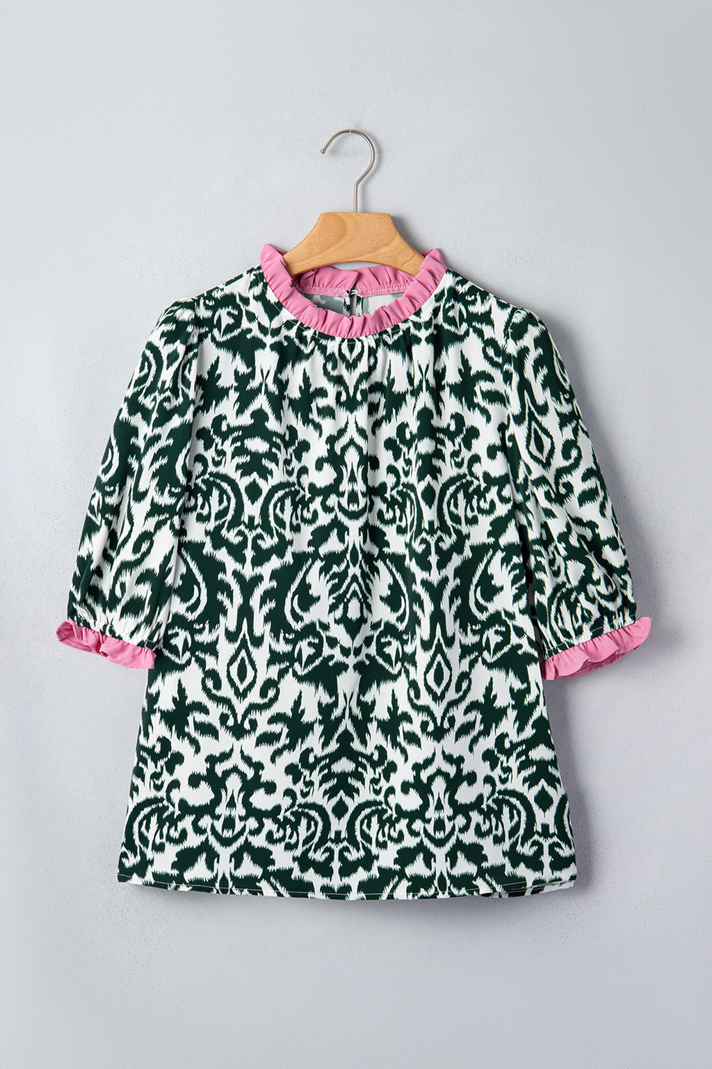 Women's Green Damask Print Ruffled Color Block Detail Half Sleeve Blouse at LivelyLooks