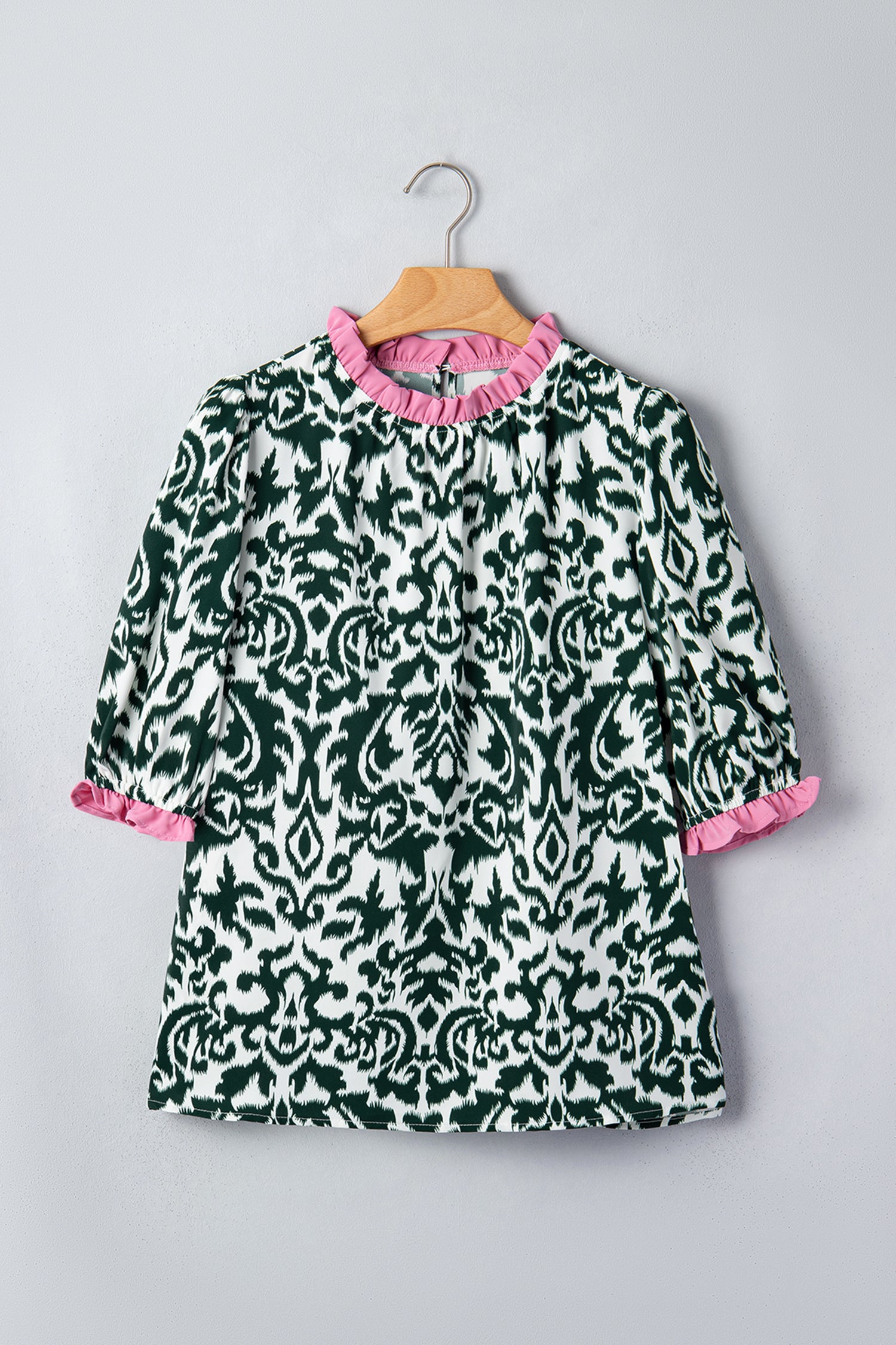 Women's Green Damask Print Ruffled Color Block Detail Half Sleeve Blouse at LivelyLooks