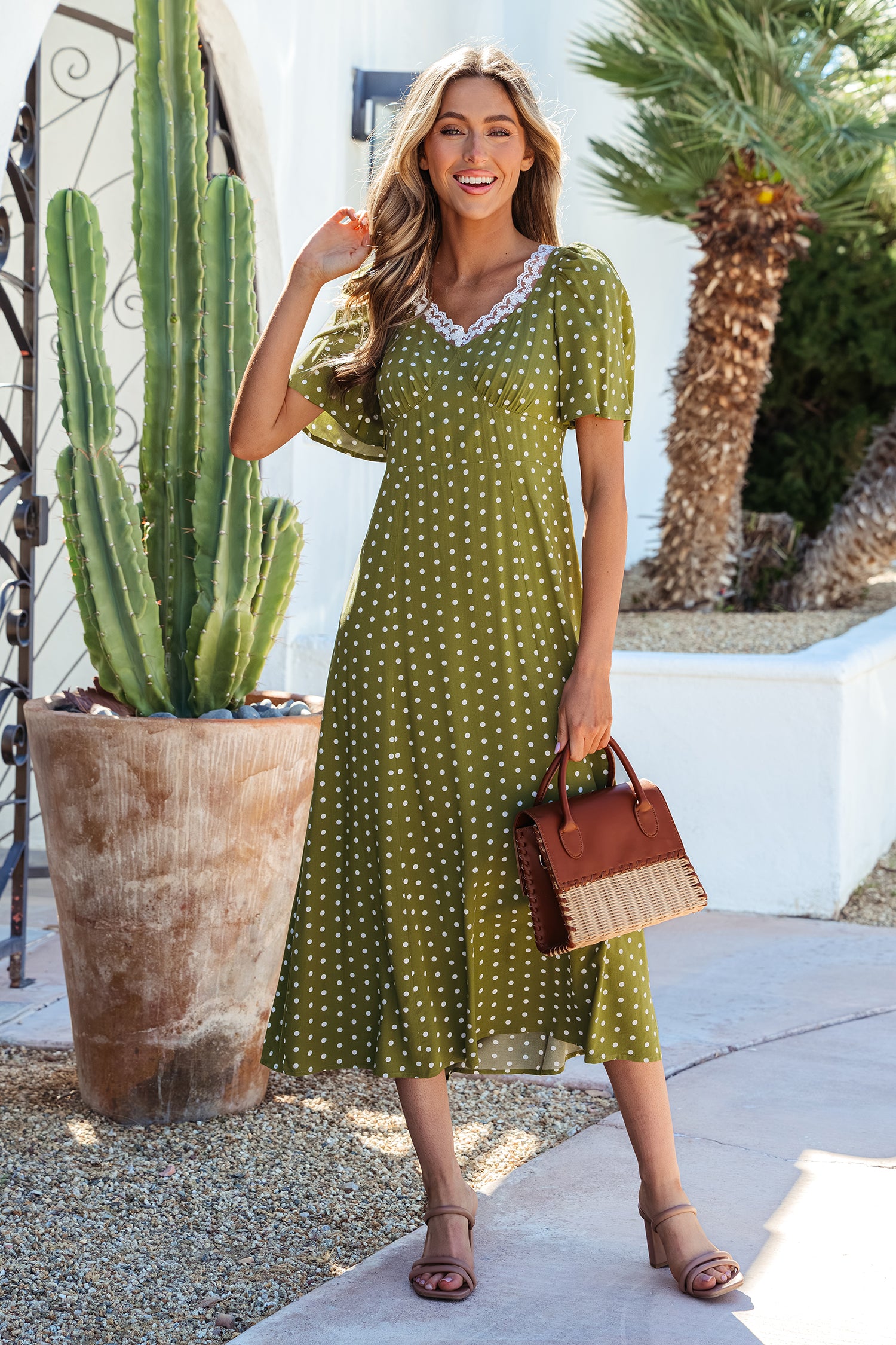 LivelyLooks Green Polka Dot Maxi Dress | Lacy Neckline Smocked Waist women's fashion