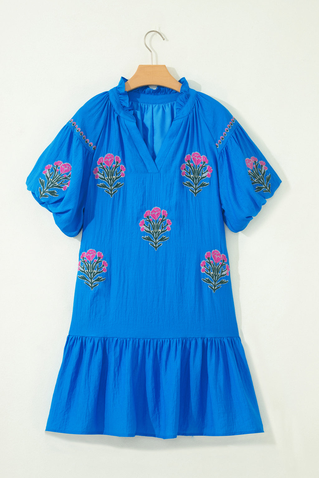 Blue Flower Embroidered Split Neck Puff Sleeve Ruffle Hem Mini Dress S-XL