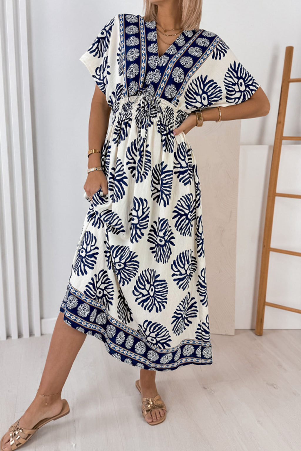 Blue Boho Floral Contrast Patchwork V-Neck Tie Waist Dolman Maxi Dress