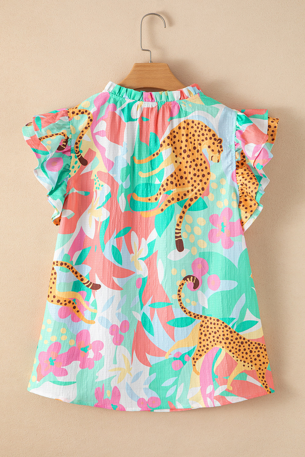 Green Floral Blouse Frilly Ruffle Tie Split Neck Flutter Sleeve Women S-2XL