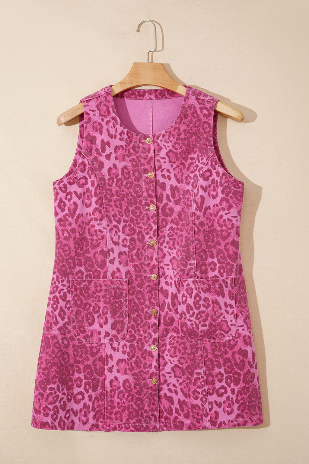 Women's Pink Leopard Denim Buttoned Shift Sleeveless Dress at LivelyLooks