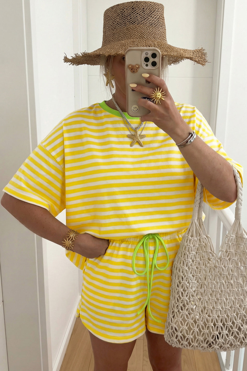 Women's Stripe Contrast Neck Tee & Drawstring Shorts Co-ord Set S-XL at LivelyLooks
