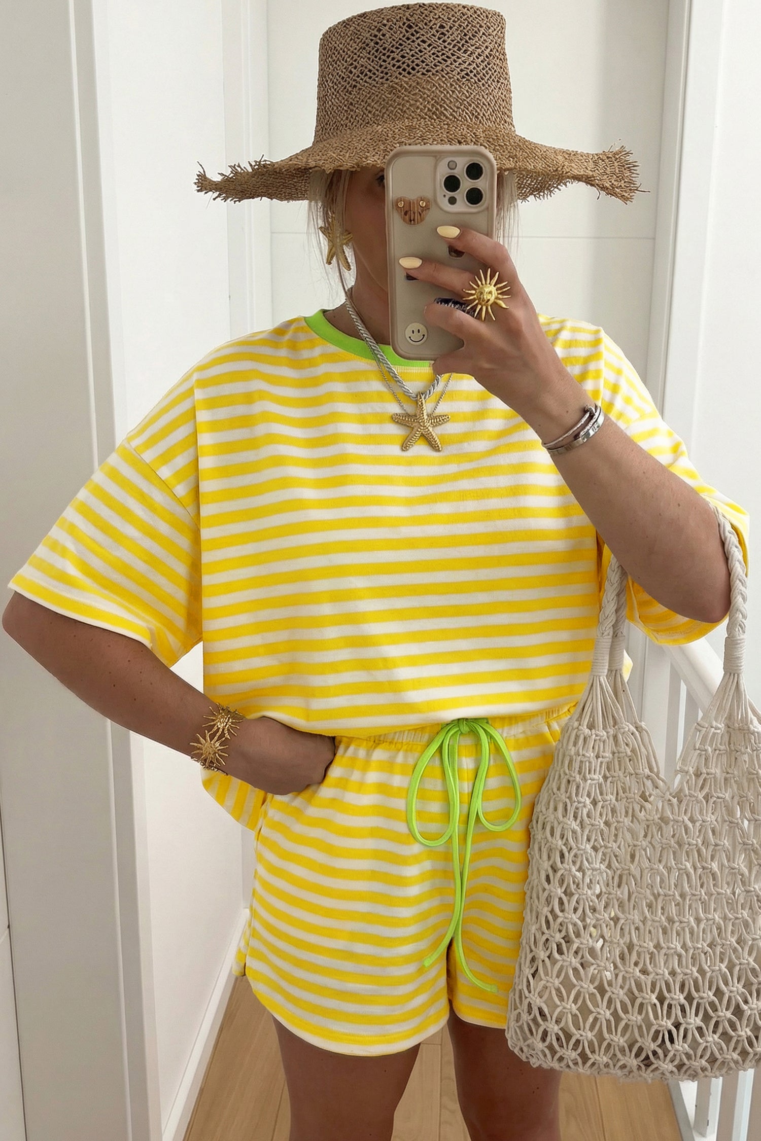 Women's Stripe Contrast Neck Tee & Drawstring Shorts Co-ord Set S-XL at LivelyLooks