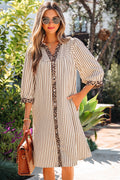 Women's Khaki Stripe Leopard Trim Button-Down Bracelet Sleeve Shirt Dress at LivelyLooks