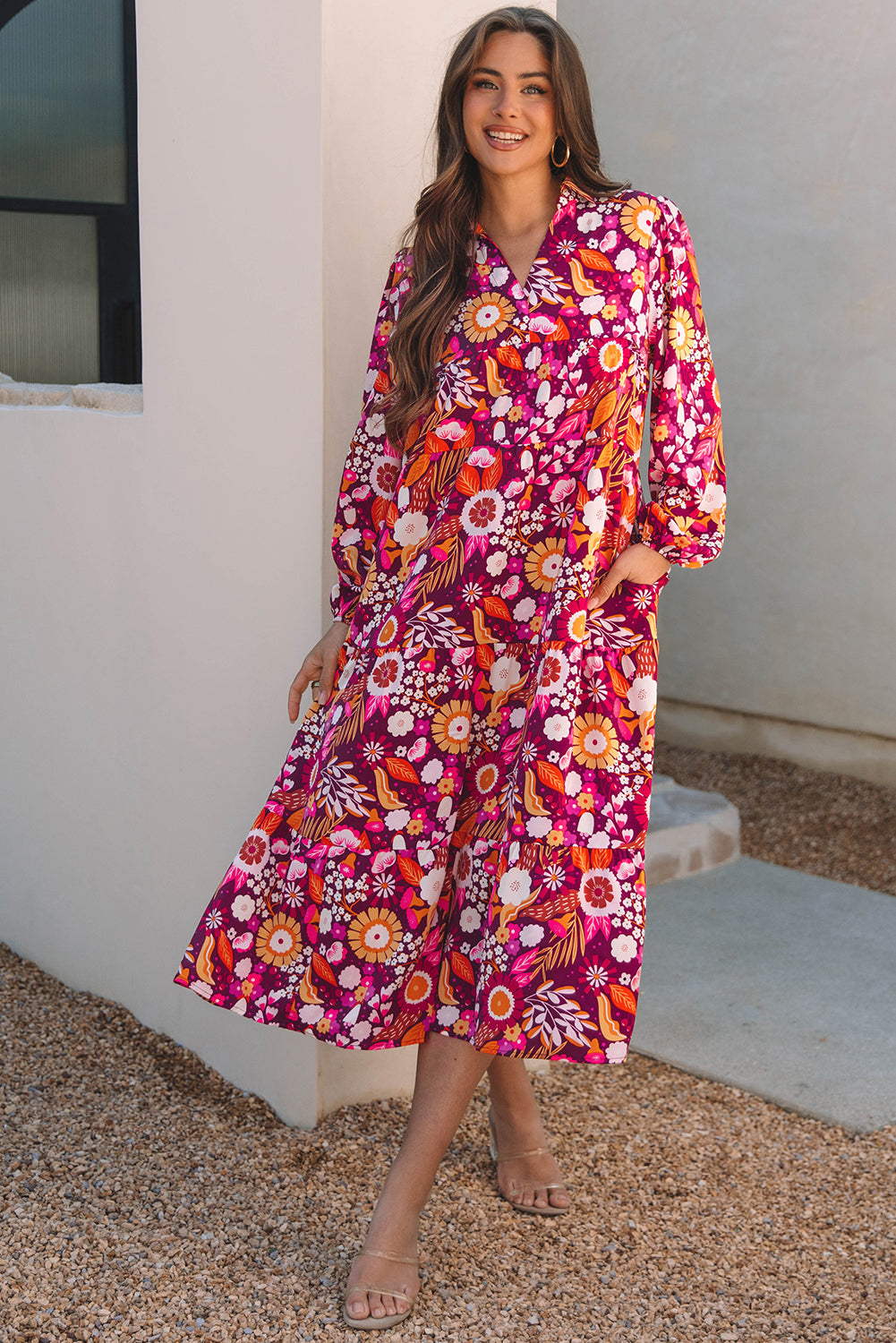 LivelyLooks Floral Collared Tiered Flowy Maxi Dress Purple Blue S-2XL women's fashion