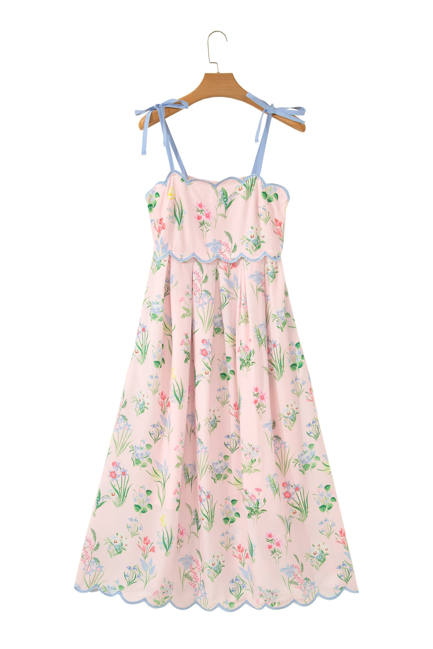 Floral Midi Dress Contrast Trim Self-Tie Straps High Waist Beige Pink Yellow