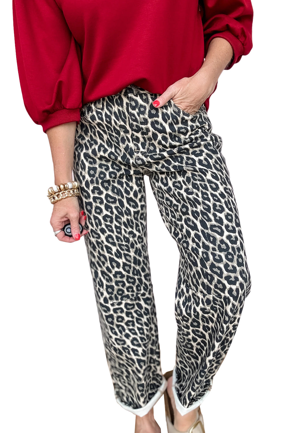 Shop Black Leopard Print Barrel Jeans UK 8-20 at LivelyLooks