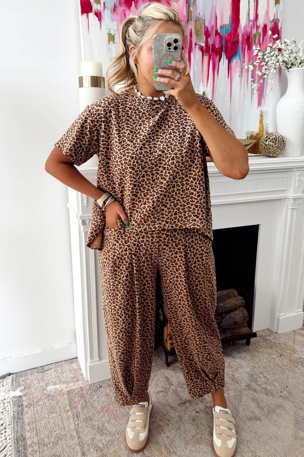 Leopard High-Low Loose Tee & Ankle Length Pants Set | Brown & White | UK 8–22