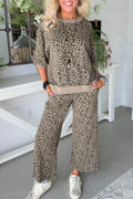 Khaki Jacquard Leopard Half Sleeve Jumper & Wide Leg Pant Set | UK 8–22