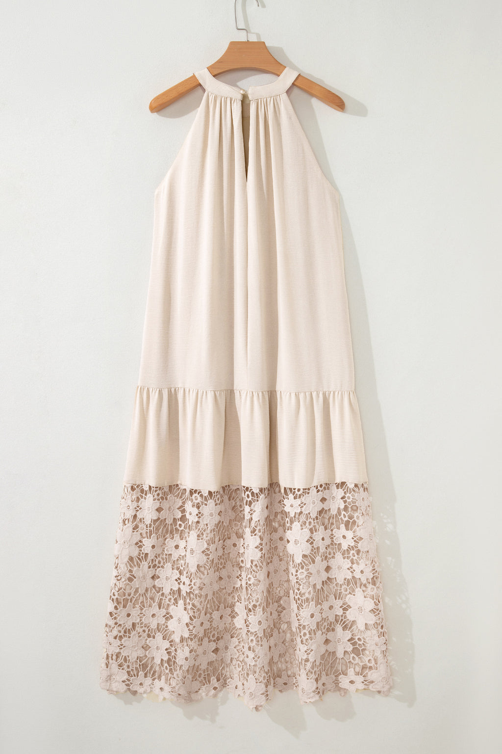 Women's Sheer Hollowed Floral Lace Hem Patchwork Loose Halter Summer Dress at LivelyLooks
